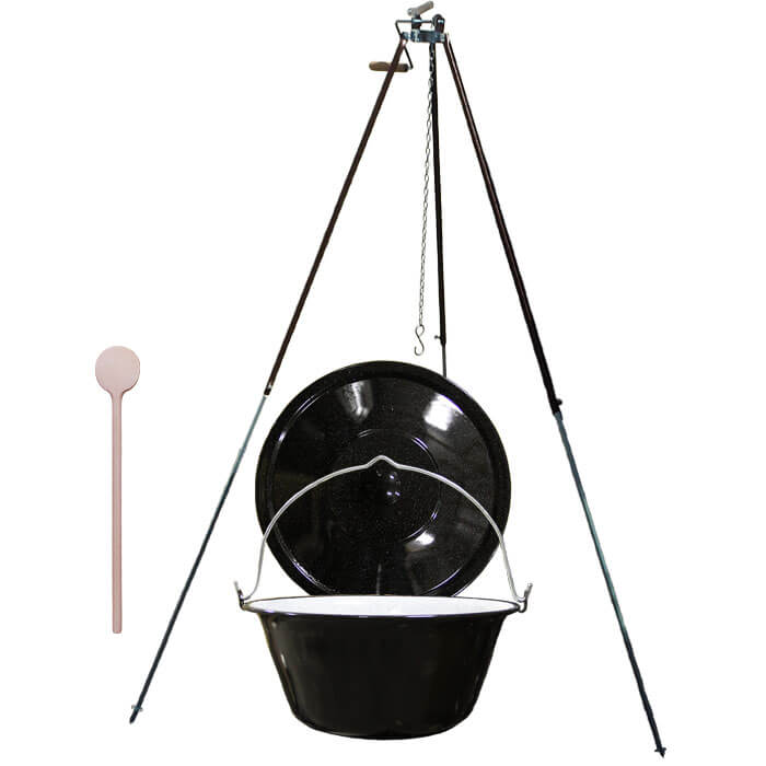 Smaltovaný kotlík 20 L (1,2 mm) + teleskopická trojnožka s poistnou kladkou + pokrievka