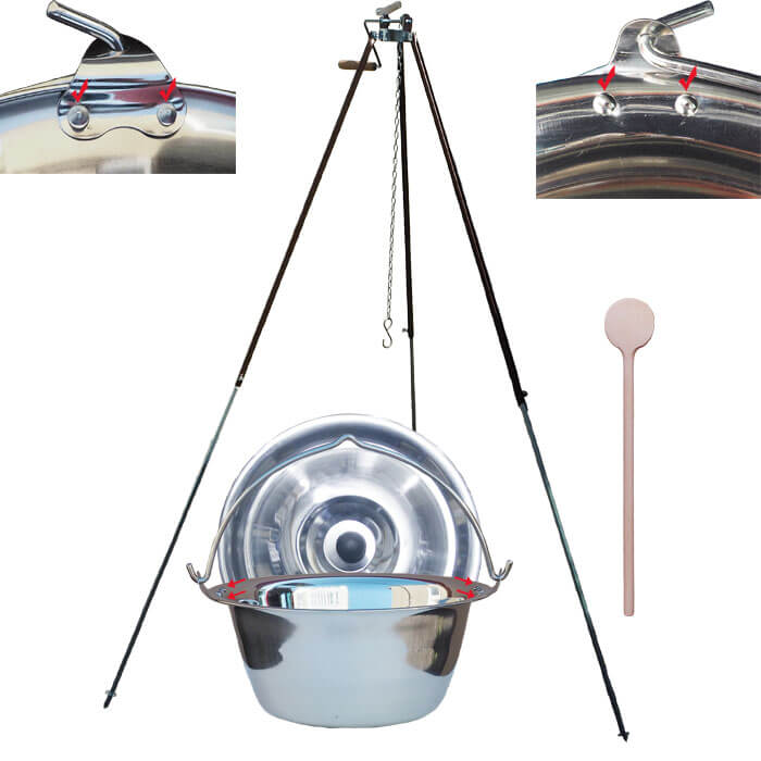 Antikorový kotlík 15 L (0,8 mm) s nitmi + teleskopická trojnožka s poistnou kladkou + pokrievka