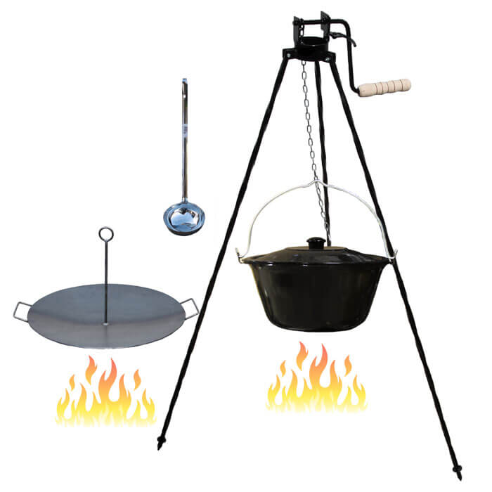 Smaltovaný kotlík 16 L (1,2 mm) + panvica na grilovanie a stojan s kladkou VAR