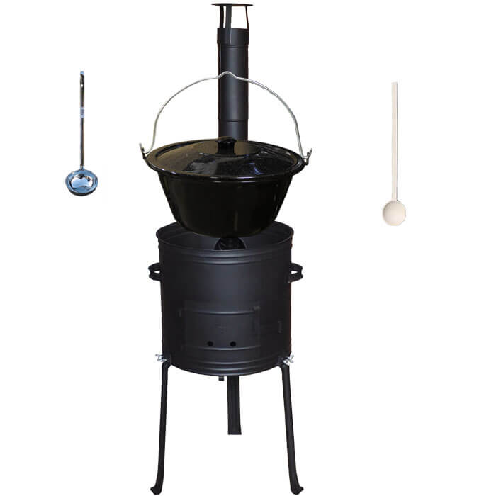 Smaltovaný kotlík 30 L + kovová kotlina s vysokými nožičkami 42 cm + vareška a naberačka