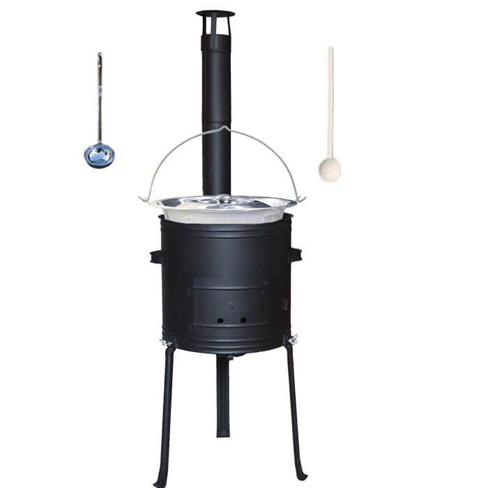 Antikorový kotlík 22 L (0,8 mm) + kovová kotlina s vysokými nožičkami 42 cm + vareška a naberačka