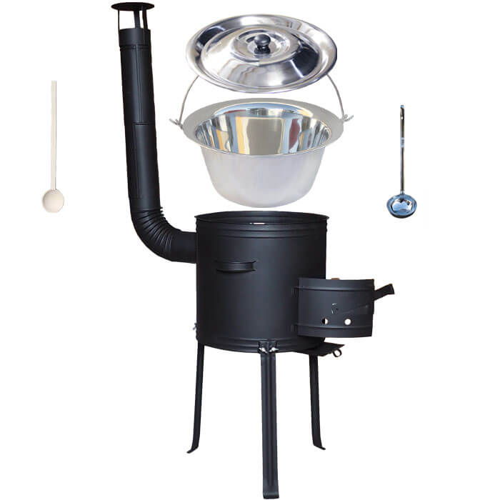 Antikorový kotlík 20 L (1,2 mm) + kovová kotlina s vysokými nožičkami 42 cm + vareška a naberačka