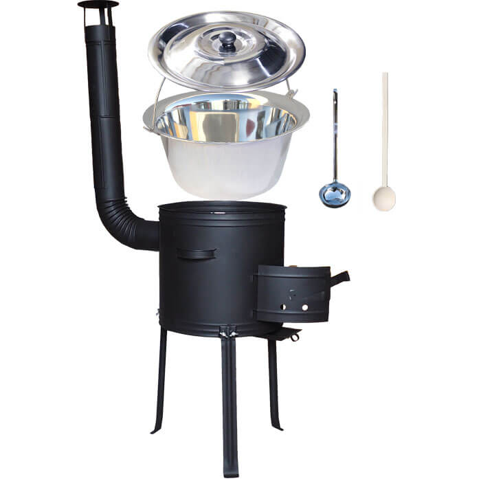 Antikorový kotlík 14 L (0,8 mm) + kovová kotlina s vysokými nožičkami 36 cm, žiaruvzdorná farba Plus 700 + vareška a naberačka