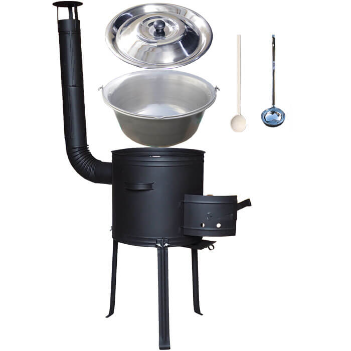 Nerezový kotlík 15 L (1,5 mm) + kovová kotlina s vysokými nožičkami 36 cm, žiaruvzdorná farba Plus 700 + vareška a naberačka