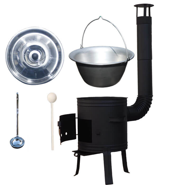 Nerezový kotlík 10 L (1,5 mm) + nízka žiaruvzdorná kotlina 33 cm PLUS 700 + vareška a naberačka