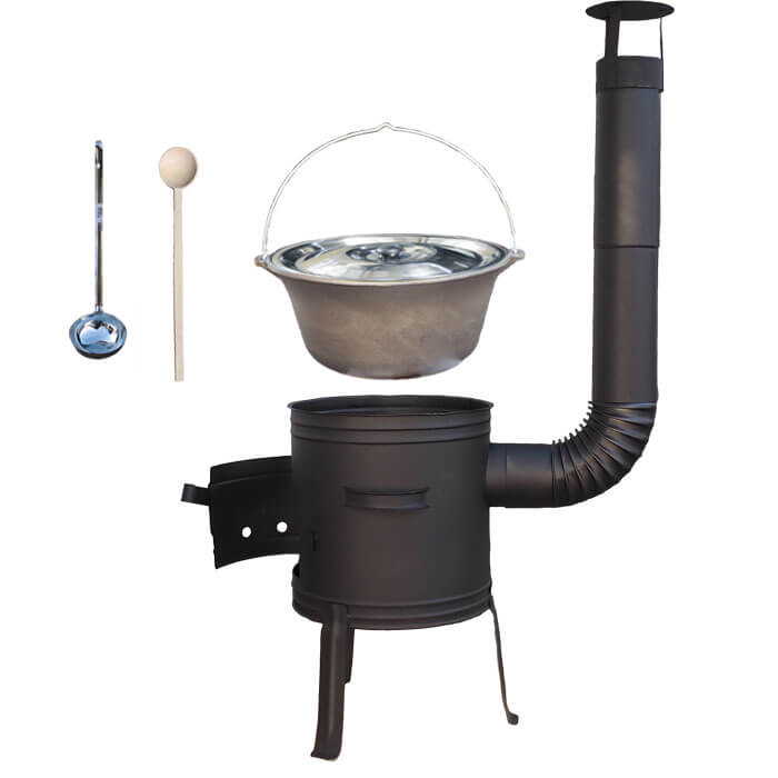 Liatinový kotlík 10 L + nízka žiaruvzdorná kotlina 33 cm PLUS 700 + vareška a naberačka