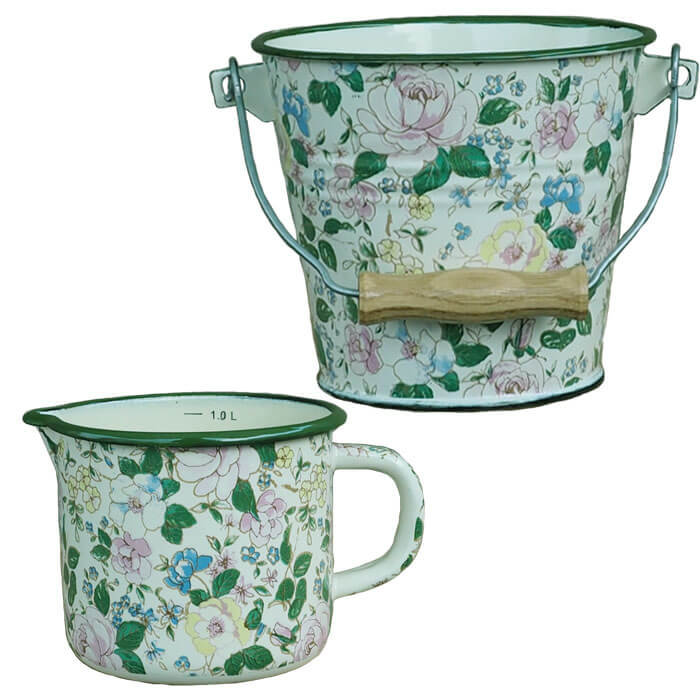 Smaltovaný hrnček s výlevkou 1 L+ vedro 1 L DECOR