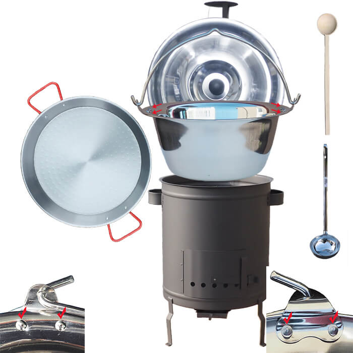 Nerezový kotlík 15 L (0,8 mm) zosilnený s nitmi + Paella panvica 38 cm + hrubostenná (1,5 mm) žiaruvzdorná kotlina 36 PLUS 600