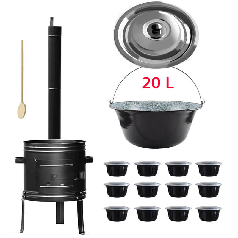 Smaltovaný kotlík 20 L (0,8 mm) + kovová kotlina 42 KOV + vareška + misky 12 ks