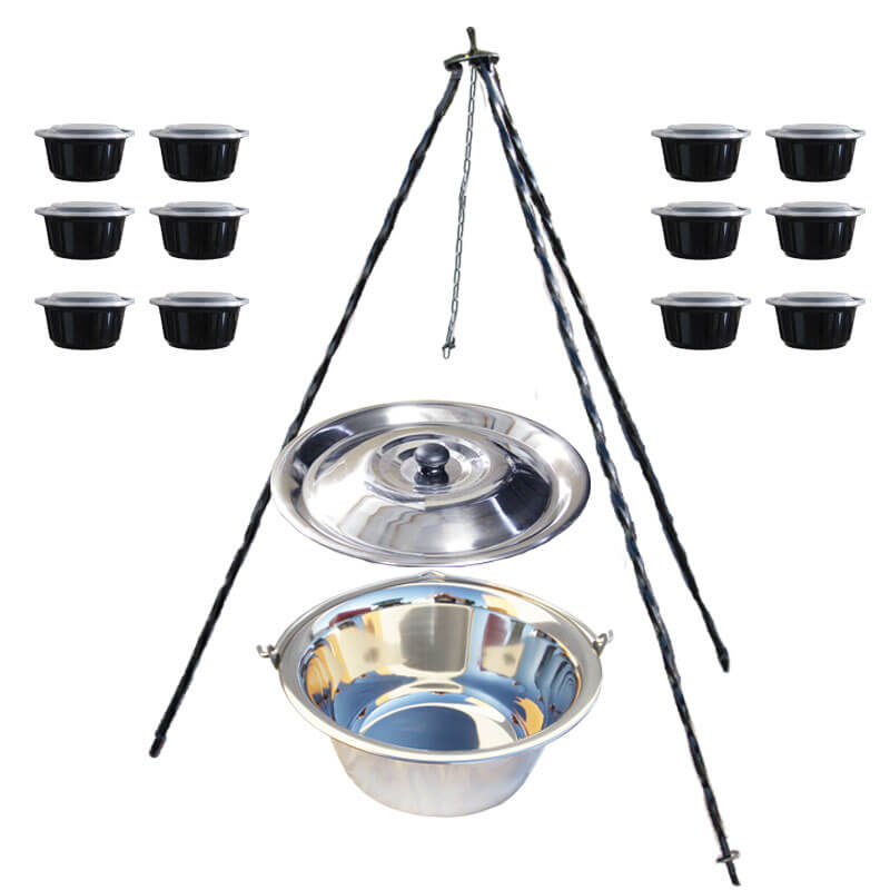 Nerezový kotlík 10 L (0,8 mm) + antikorová pokrievka + stojan + misky 12 ks