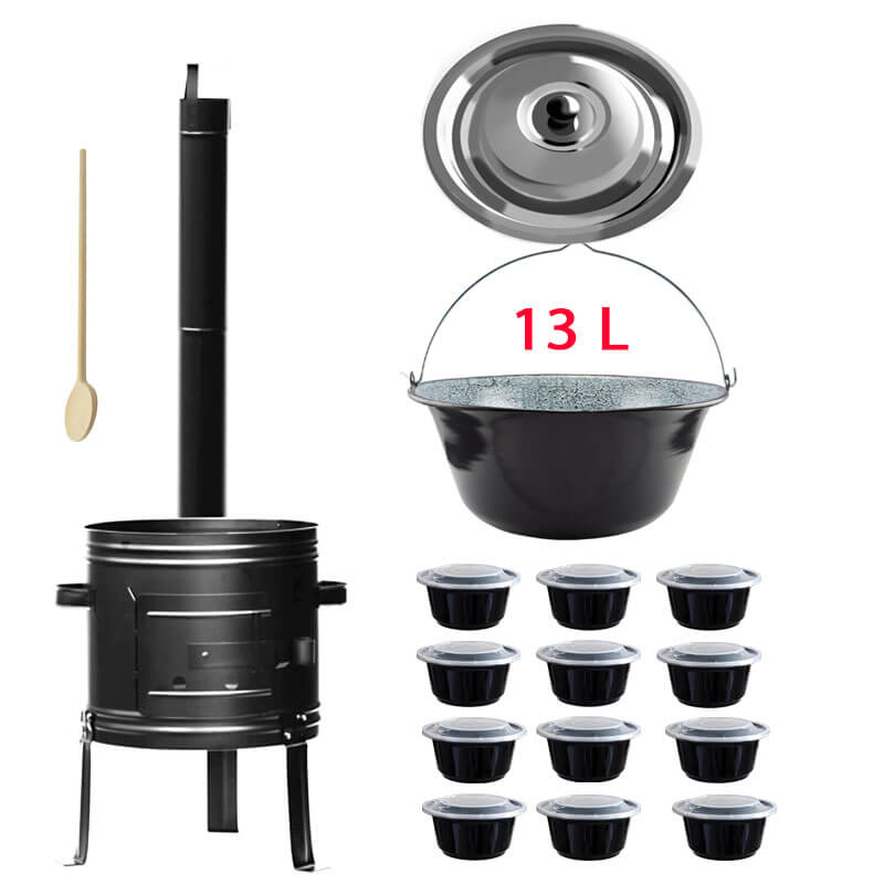 Smaltovaný kotlík 13 L + kovová kotlina 36 KOV + misky 12 ks