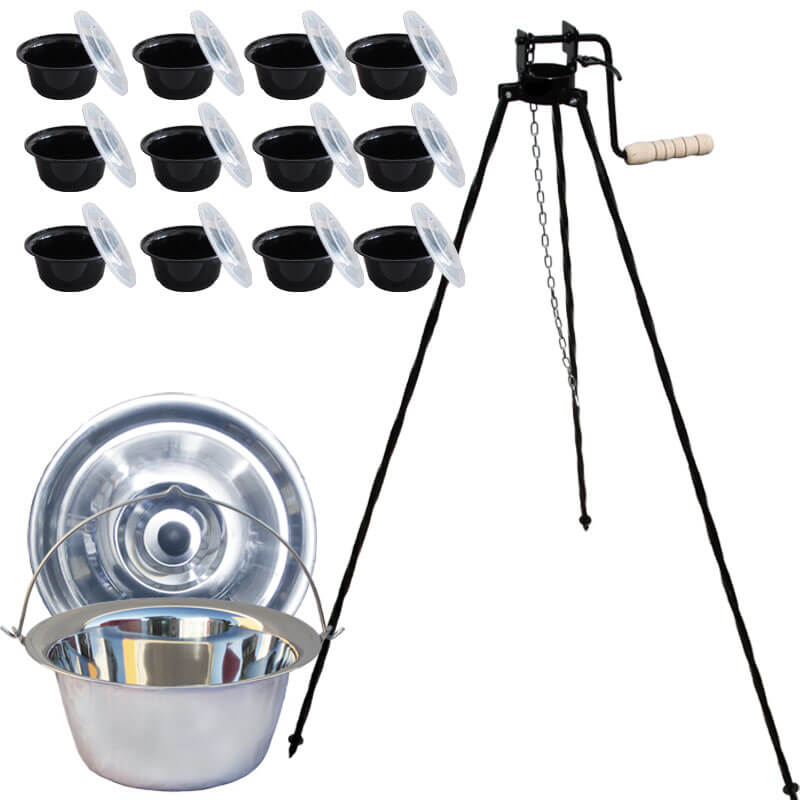 Nerezový kotlík 14 L (0,8 mm) INOX+ stojan s kladkou VAR + misky 12 ks