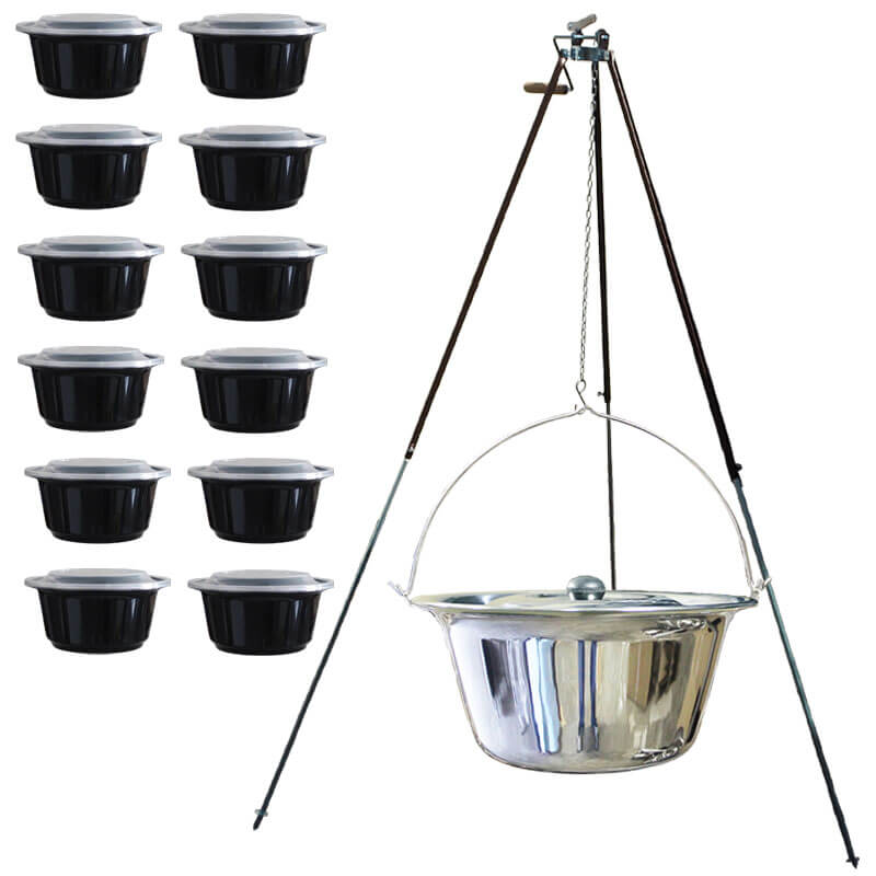 Antikorový kotlík 20 L (1,2 mm) + teleskopická trojnožka s poistnou kladkou + misky 12 ks