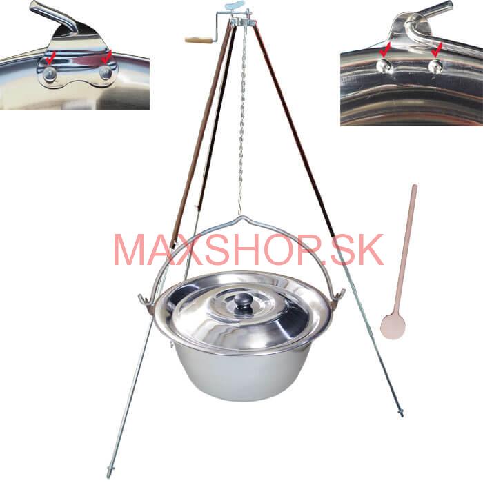 Antikorový kotlík 20 L (0,8 mm) s nitmi + teleskopická trojnožka s poistnou kladkou + pokrievka