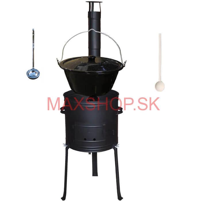 Smaltovaný kotlík 30 L + kovová kotlina s vysokými nožičkami 42 cm, žiaruvzdorná farba Plus 700 + vareška a naberačka