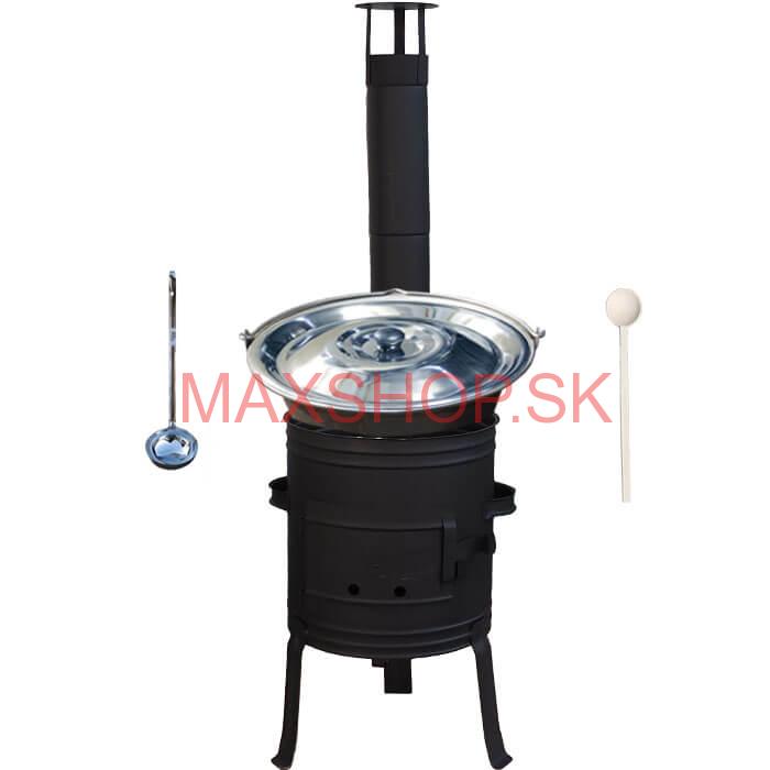 Nerezový kotlík 10 L (1,5 mm) + nízka žiaruvzdorná kotlina 33 cm PLUS 700 + vareška a naberačka