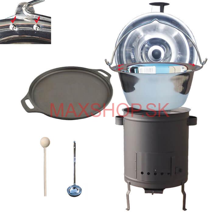 Nerezový kotlík 20 L (0,8 mm) zosilnený s nitmi + Liatinová panvica 43 cm + hrubostenná (1,5 mm) a žiaruvzdorná kotlina 42 PLUS 600