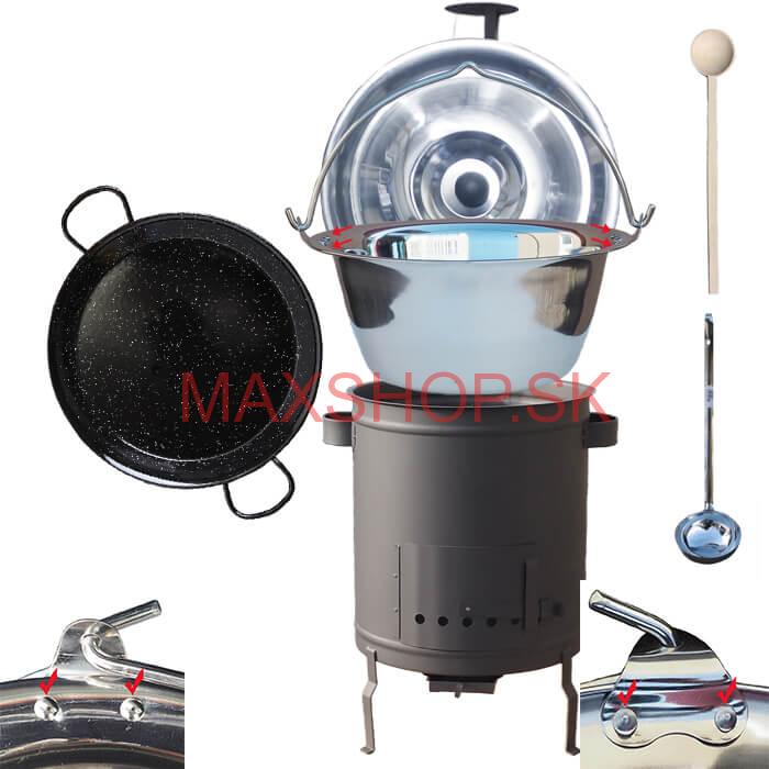 Nerezový kotlík 15 L (0,8 mm) zosilnený s nitmi + Paella panvica 38 cm + hrubostenná (1,5 mm) žiaruvzdorná kotlina 36 PLUS 600