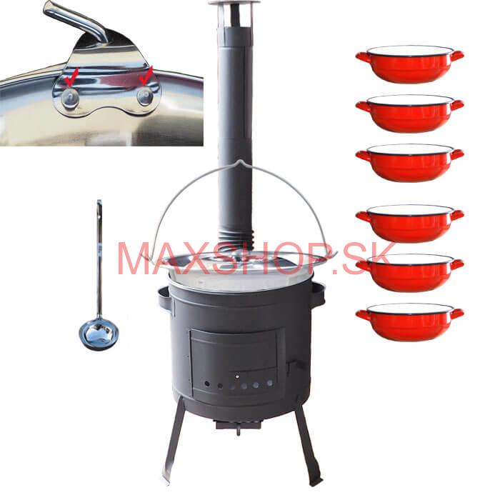 Nerezový kotlík 15 L (0,8 mm) s nitmi INOX + selské misky 6 ks + nízka žiaruvzdorná kotlina 36 cm PLUS 600