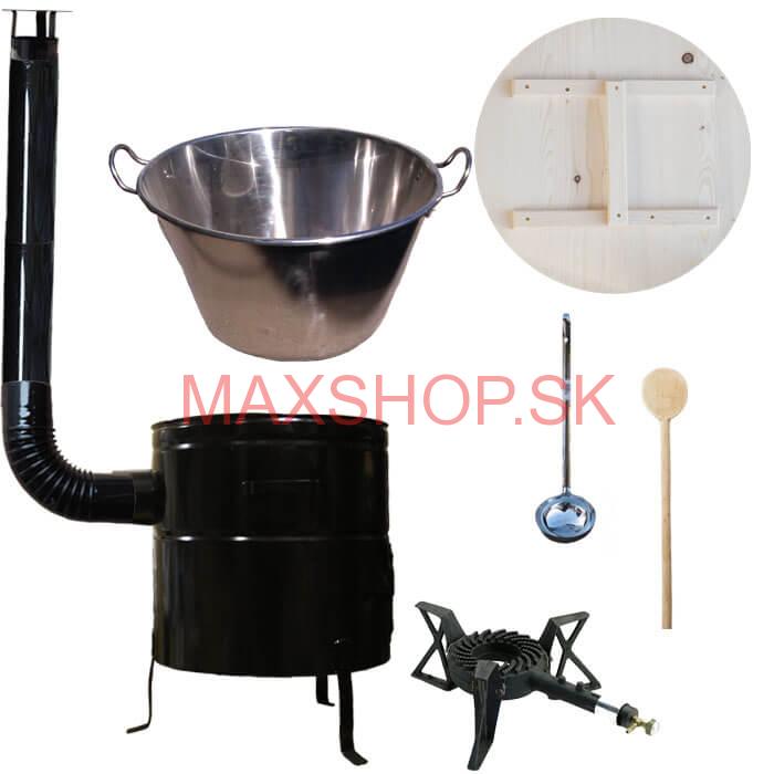Zabíjačkový nerezový kotol 100 L, kovová kotlina 60 cm, drevená pokrievka, horák 7 kW + dymovod