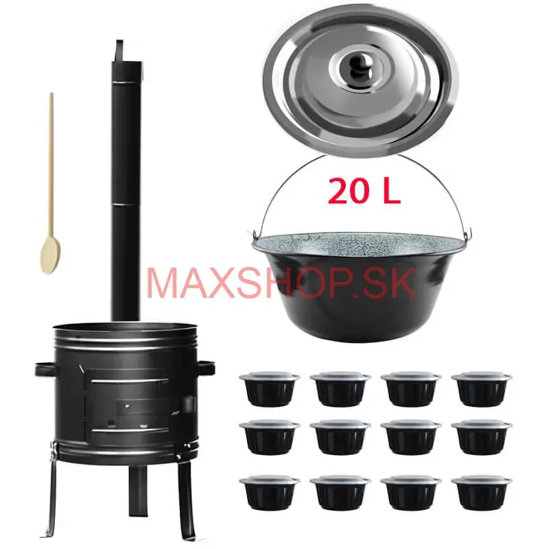 Smaltovaný kotlík 20 L (0,8 mm) + kovová kotlina 42 KOV + vareška + misky 12 ks