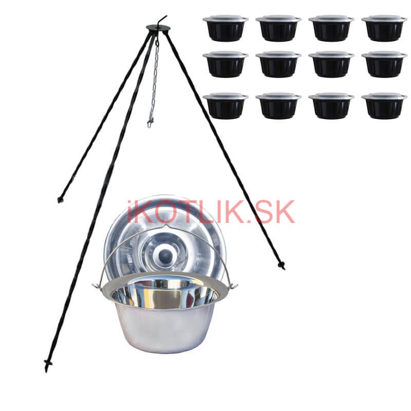 Nerezový kotlík 10 L (0,8 mm) + antikorová pokrievka + stojan + misky 12 ks