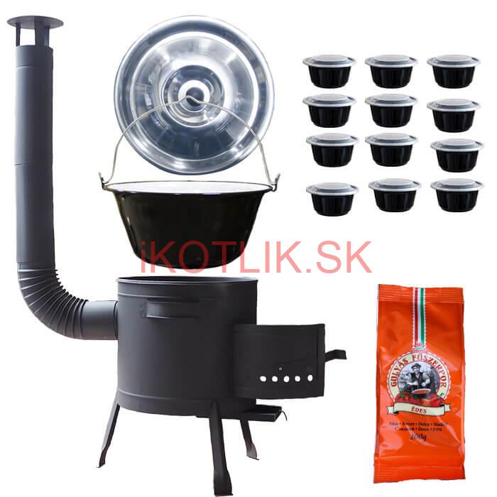 Smaltovaný kotlík 25 L (1,2 mm) + pokrievka + misky 12 ks + nízka žiaruvzdorná kotlina (0,8 mm) 42 PLUS 600