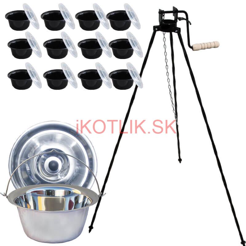 Antikorový kotlík 22 L + stojan s kladkou VAR + misky 12 ks