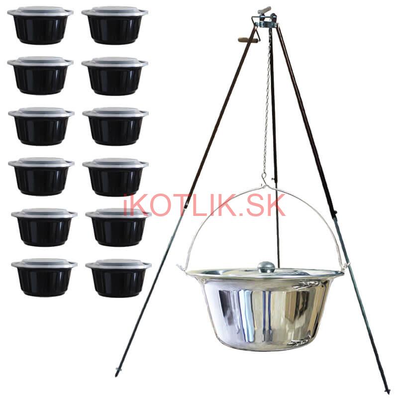 Antikorový kotlík 20 L (1,2 mm) + teleskopická trojnožka s poistnou kladkou + misky 12 ks