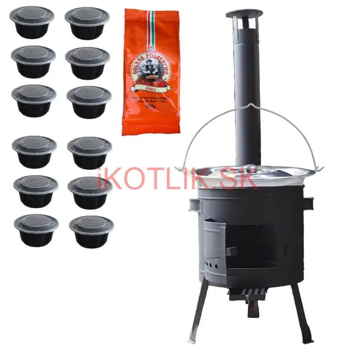 Nerezový kotlík 22 L (0,8 mm) INOX + hrubostenná (1,5 mm) žiaruvzdorná kotlina BALKY STRONG 42 PLUS 600 + misky 12 ks + paprikové korenie na guláš 100 g