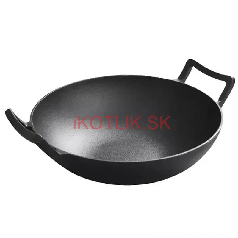 Liatinový čínsky wok 36,5 cm s drevenou pokrievkou