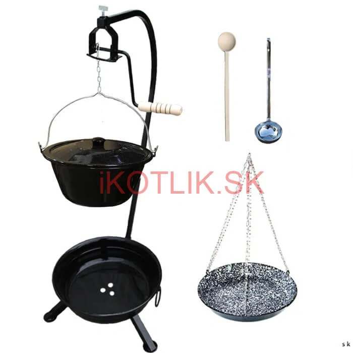 Smaltovaný kotlík 10 L + smaltovaná panvica + prenosné ohnisko
