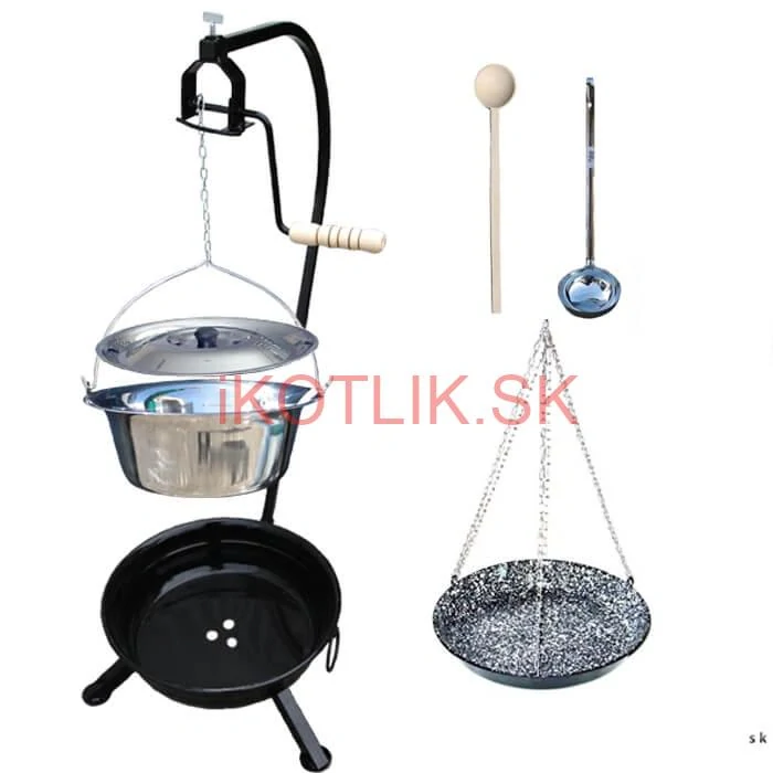 Nerezový kotlík 15 L (1,2 mm) INOX + smaltovaná panvica + ohnisko so stojanom a s poistnou kladkou VAR