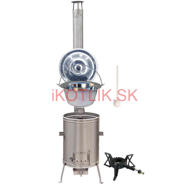 Antikorový kotlík 15 L (1,2 mm) + nerezová kotlina 36 cm + liatinový horák 7 kW, vareška LUX