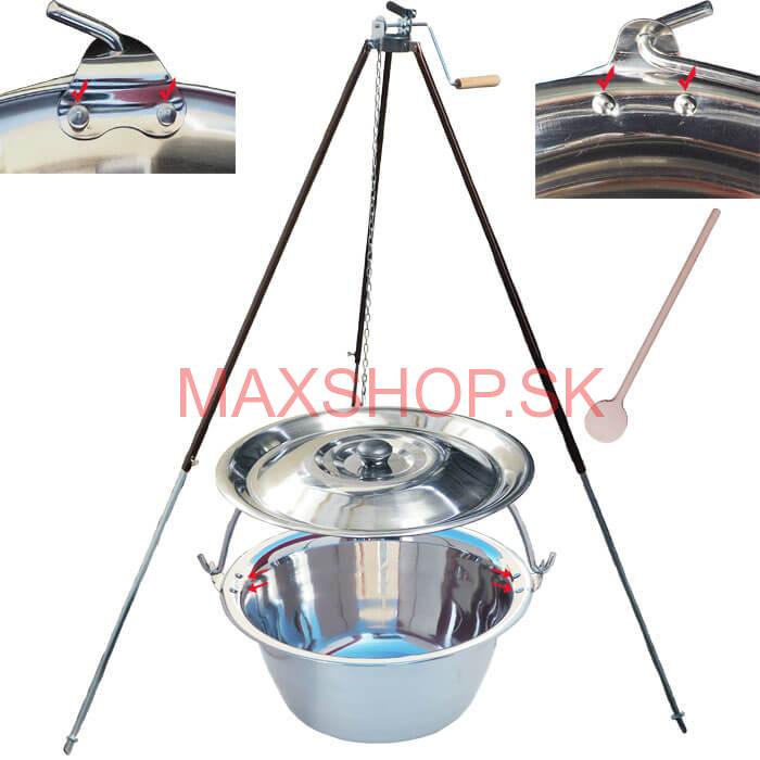 Antikorový kotlík 20 L (0,8 mm) s nitmi + teleskopická trojnožka s poistnou kladkou + pokrievka