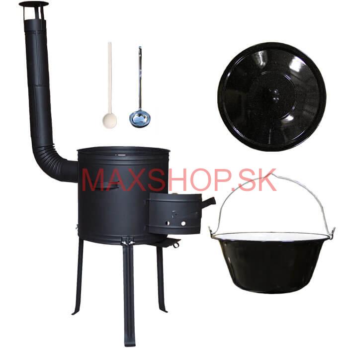 Smaltovaný kotlík 13 L (1,2 mm) + kotlina s vysokými nožičkami 36 cm, žiaruvzdorná farba Plus 700 + vareška a naberačka