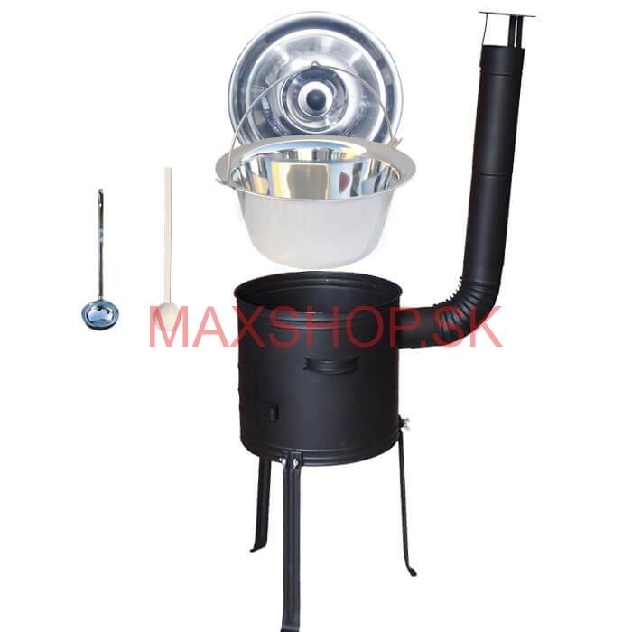 Antikorový kotlík 20 L (1,2 mm) + kovová kotlina s vysokými nožičkami 42 cm, žiaruvzdorná farba Plus 700 + vareška a naberačka