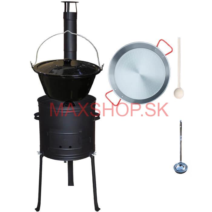 Smaltovaný kotlík 20 L + Paella panvica 46 cm + kovová kotlina s vysokými nožičkami 42 cm, žiaruvzdorná farba Plus 700