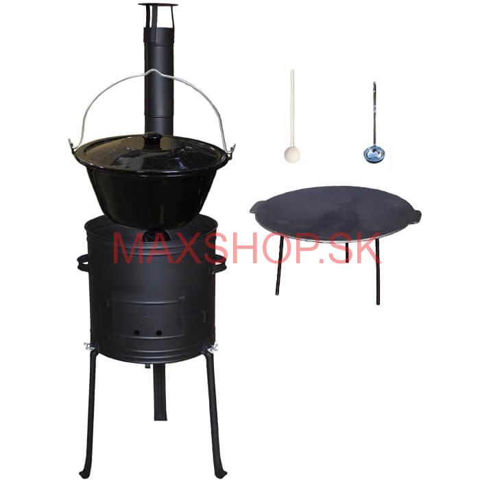 Smaltovaný kotlík 25 L + Liatinová panvica 45 cm + kovová kotlina s vysokými nožičkami 42 cm, žiaruvzdorná farba Plus 700