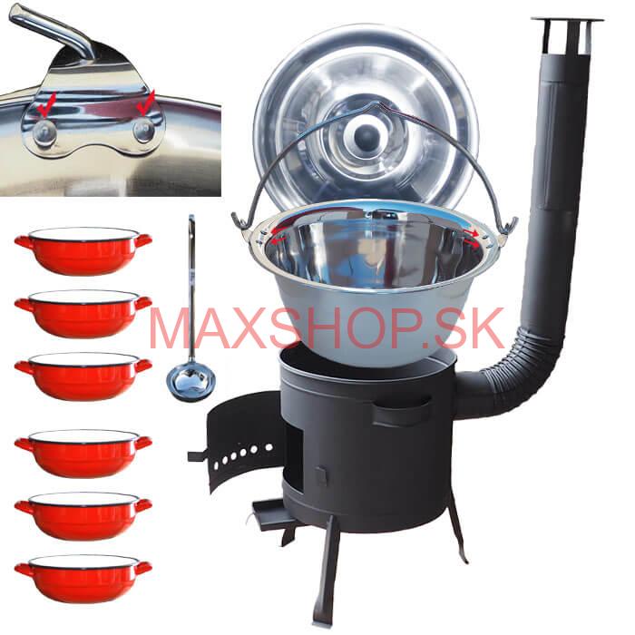 Nerezový kotlík 15 L (0,8 mm) s nitmi INOX + selské misky 6 ks + nízka žiaruvzdorná kotlina 36 cm PLUS 600