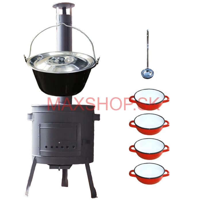 Smaltovaný kotlík 16 L + selské misky 4 ks + nízka žiaruvzdorná kotlina 39 cm PLUS 600