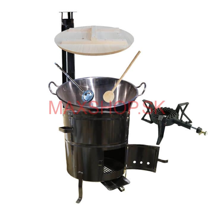 Zabíjačkový nerezový kotol 100 L, kovová kotlina 60 cm, drevená pokrievka, horák 7 kW + dymovod