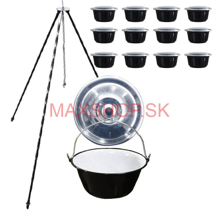 Smaltovaný kotlík 10 L + pokrievka + stojan + misky 12 ks