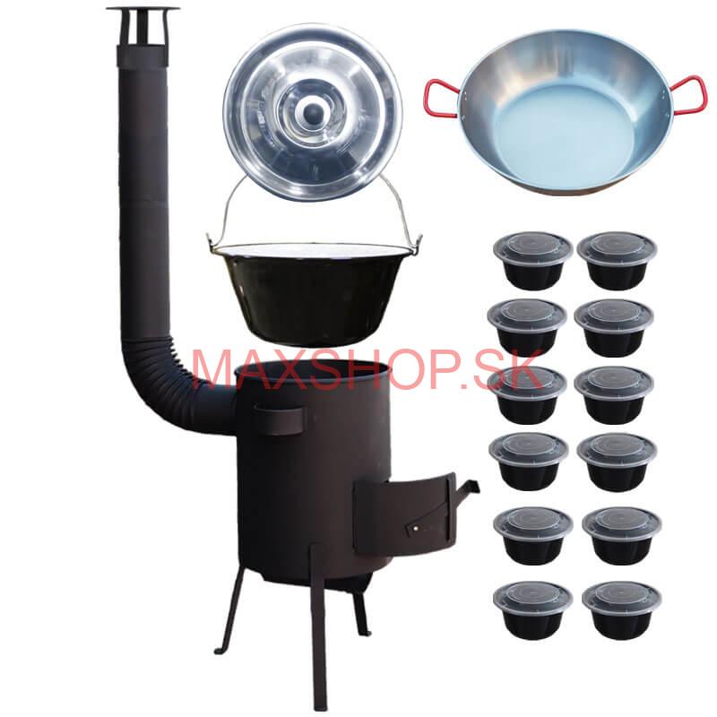 Smaltovaný kotlík 22 L + Panvica PAELLA (WOK) 45 cm + misky 12 ks + žiaruvzdorná kotlina 42 PLUS 600 s roštom na popol 4 mm