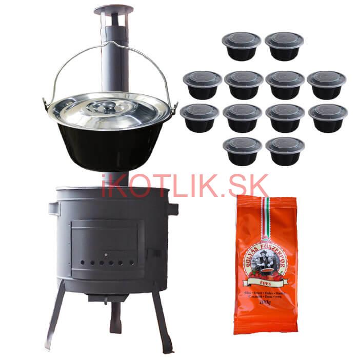 Smaltovaný kotlík 25 L (1,2 mm) + pokrievka + misky 12 ks + nízka žiaruvzdorná kotlina (0,8 mm) 42 PLUS 600