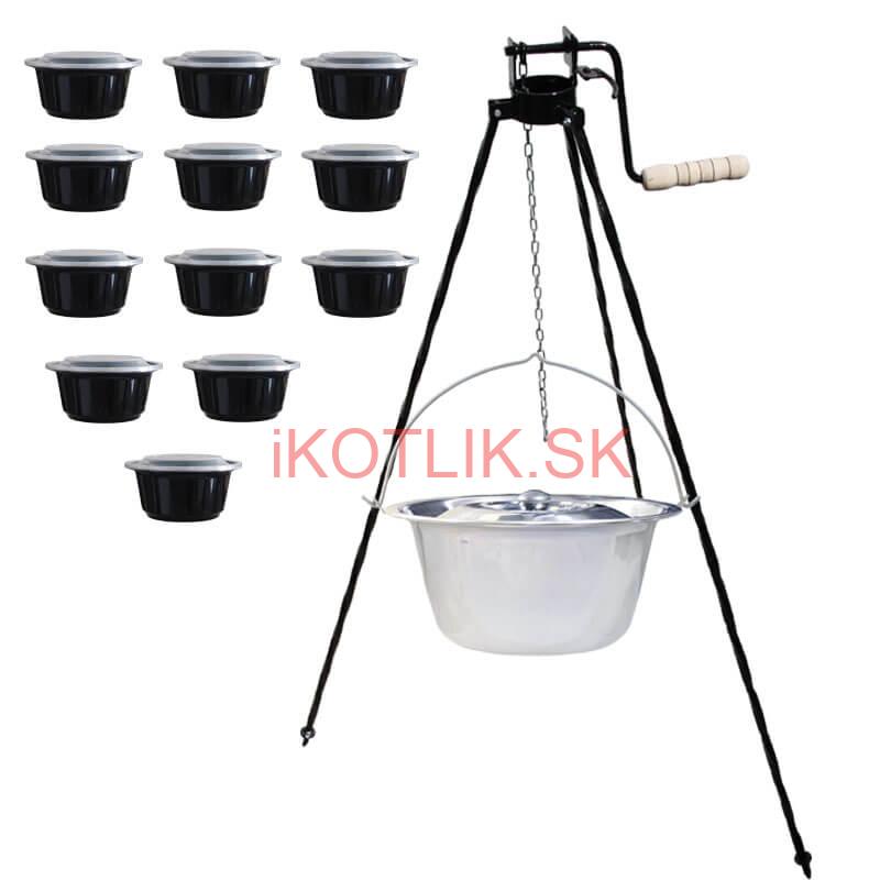 Nerezový kotlík 14 L (0,8 mm) INOX+ stojan s kladkou VAR + misky 12 ks
