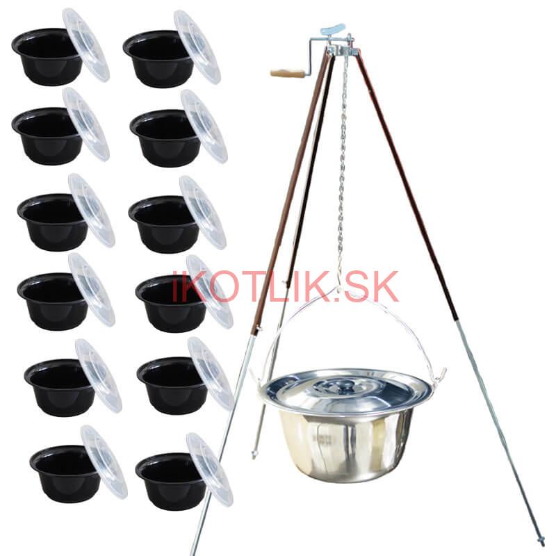 Antikorový kotlík 20 L (1,2 mm) + teleskopická trojnožka s poistnou kladkou + misky 12 ks