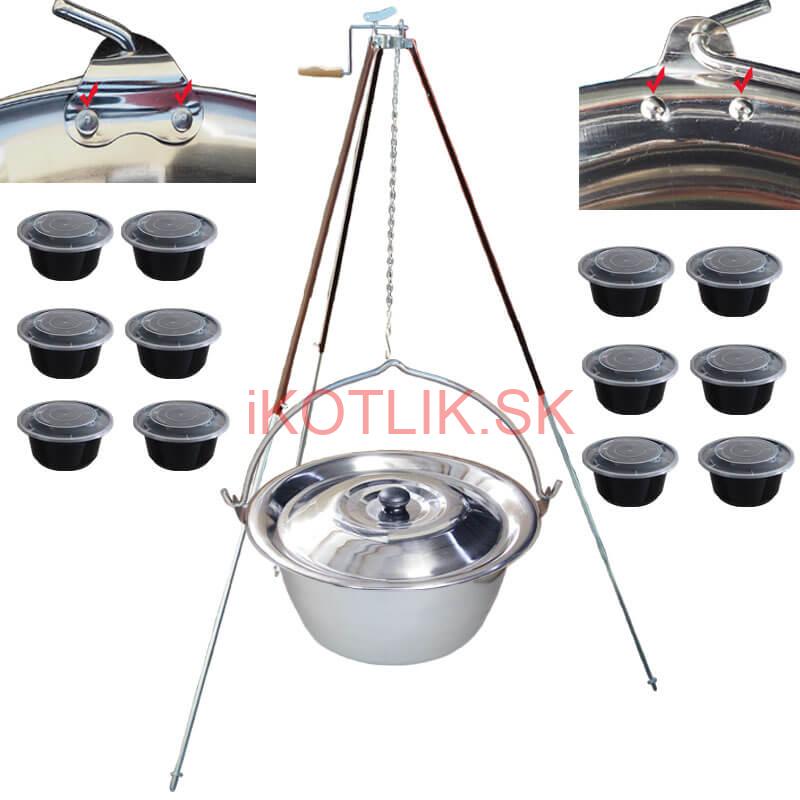 Antikorový kotlík 30 L (0,8 mm) s nitmi + teleskopická trojnožka s poistnou kladkou + misky 12 ks
