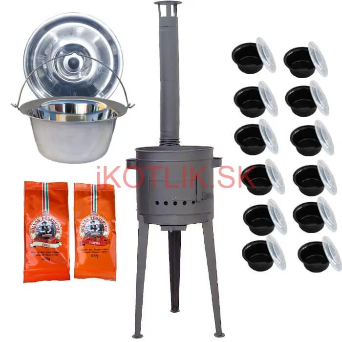 Nerezový kotlík 22 L (0,8 mm) INOX + vysoká žiaruvzdorná kotlina (1,5 mm) HODO 42 cm PLUS 600 + misky 12 ks + 2 x korenie na guláš 100 g