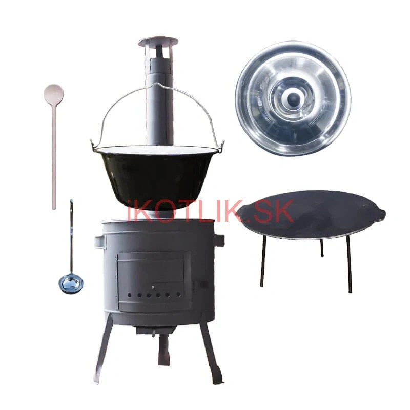 Smaltovaný kotlík 30 L + liatinová panvica 45 cm + nízka žiaruvzdorná kotlina 42 cm PLUS 600